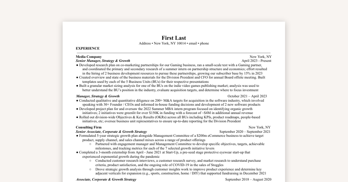 Columbia & Dartmouth Admit Example Resume: Media Corp Dev / Consulting