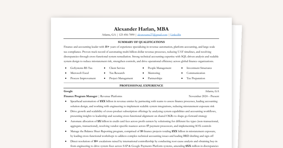 Experienced Resume Template | Landed Roles at F500 Companies