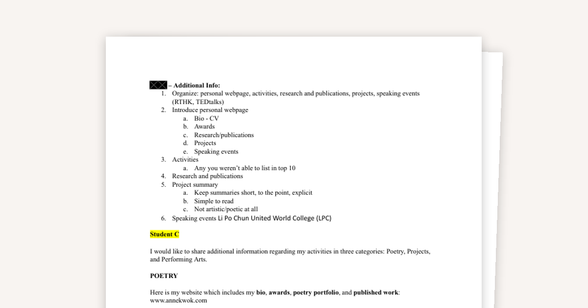 Additional Info Application Example: Turning Your Passions into a Resume