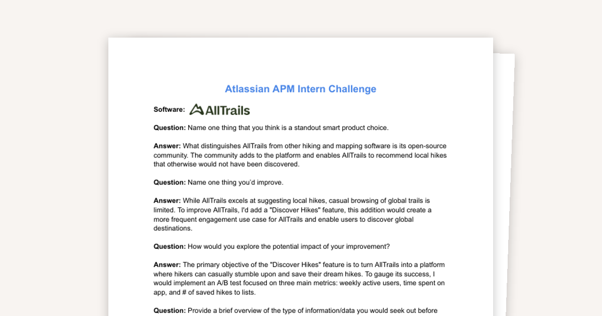 Atlassian APM Intern Challenge Example — Prompt & Response (AllTrails)