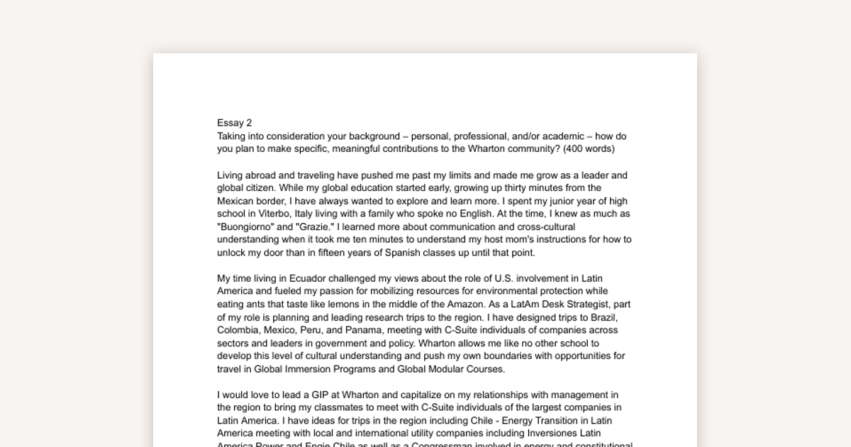 Wharton MBA Essay Question Successful Response Sample