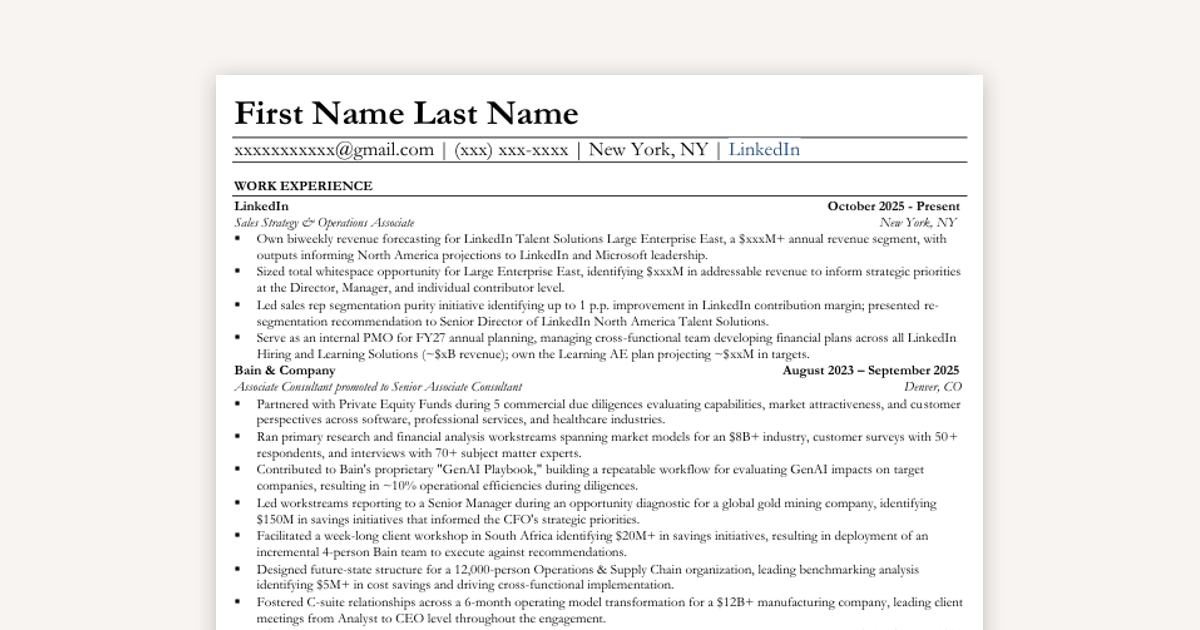 Real MBB + Big Tech Resume: Bain AC to LinkedIn Strategy & Operations