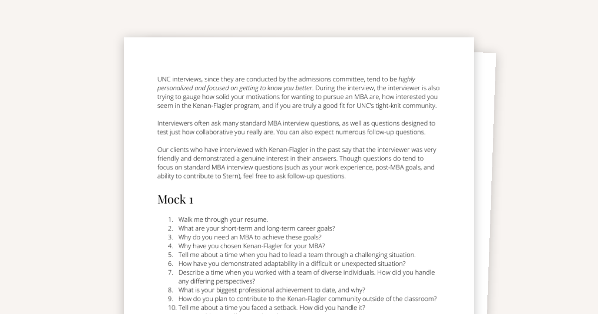 REAL UNC Kenan-Flagler MBA Interview Mocks