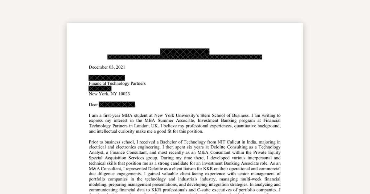 Example Investment Banking Cover Letter: Summer Associate