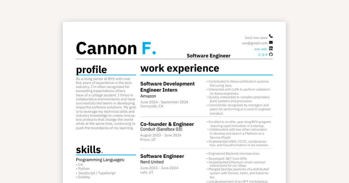 Amazon Internship Resume Example