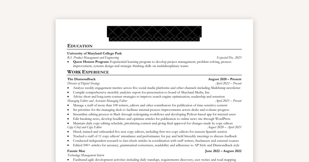 APM Intern Offer Example Resume