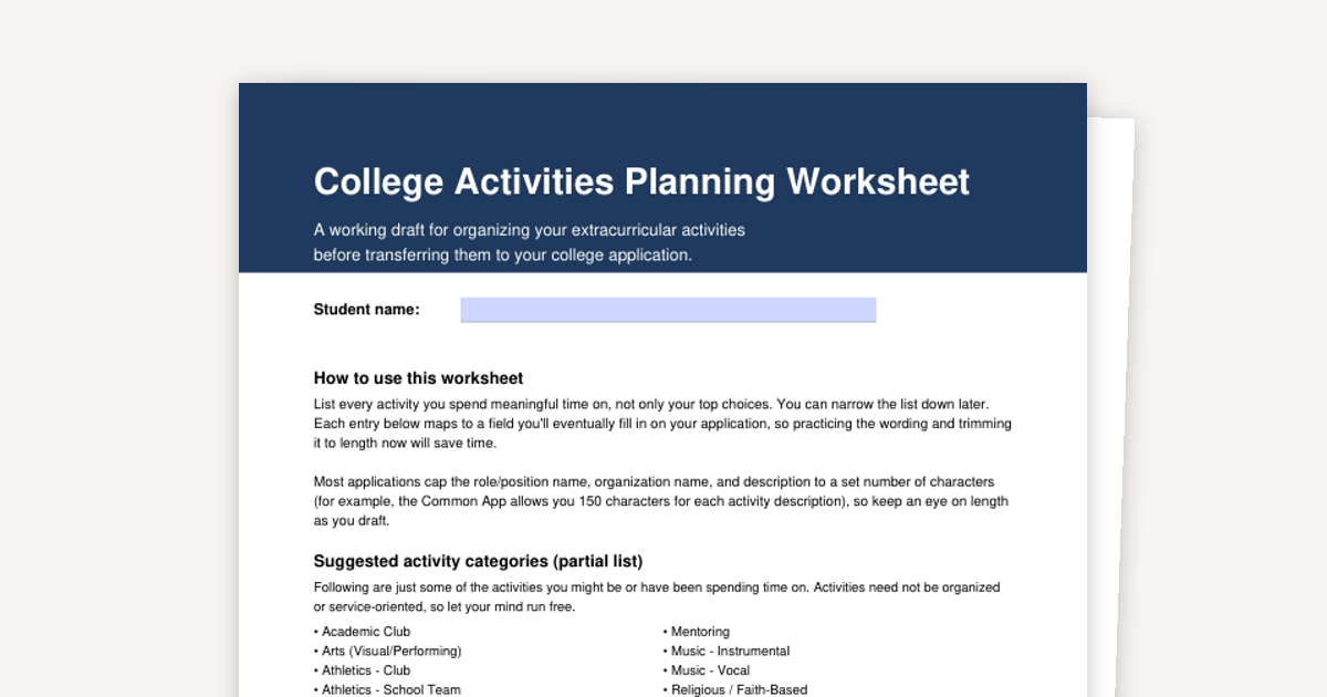 Activities Worksheet for your College Applications
